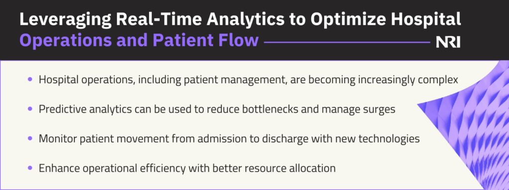 Leveraging Real-Time Analytics to Optimize Hospital Operations and Patient FlowHospital operations, including patient management, are becoming increasingly complexPredictive analytics can be used to reduce bottlenecks and manage surgesMonitor patient movement from admission to discharge with new technologiesEnhance operational efficiency with better resource allocation