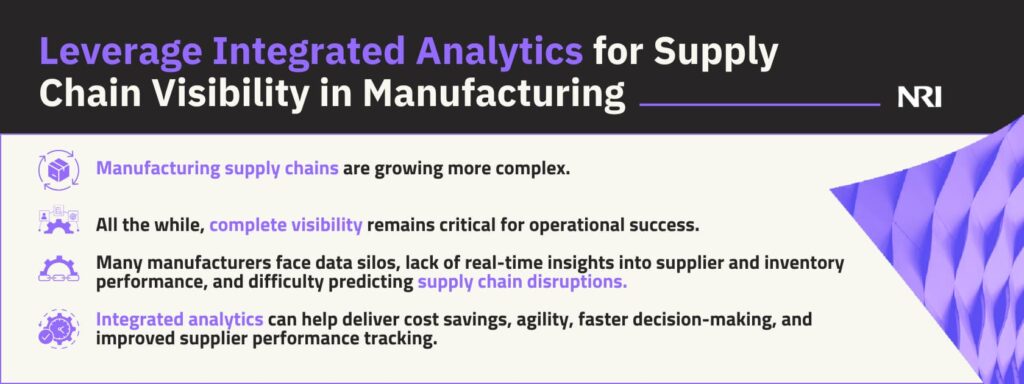 Leverage Integrated Analytics for Supply Chain Visibility in ManufacturingManufacturing supply chains are growing more complex. All the while, complete visibility remains critical for operational success.Many manufacturers face data silos, lack of real-time insights into supplier and inventory performance, and difficulty predicting supply chain disruptions. Integrated analytics can help deliver cost savings, agility, faster decision-making, and improved supplier performance tracking.
