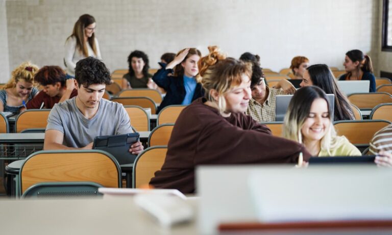 University students using computers in a lecture hall.