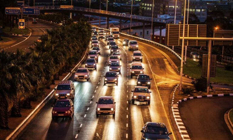 A fleet of vehicles in a traffic jam.