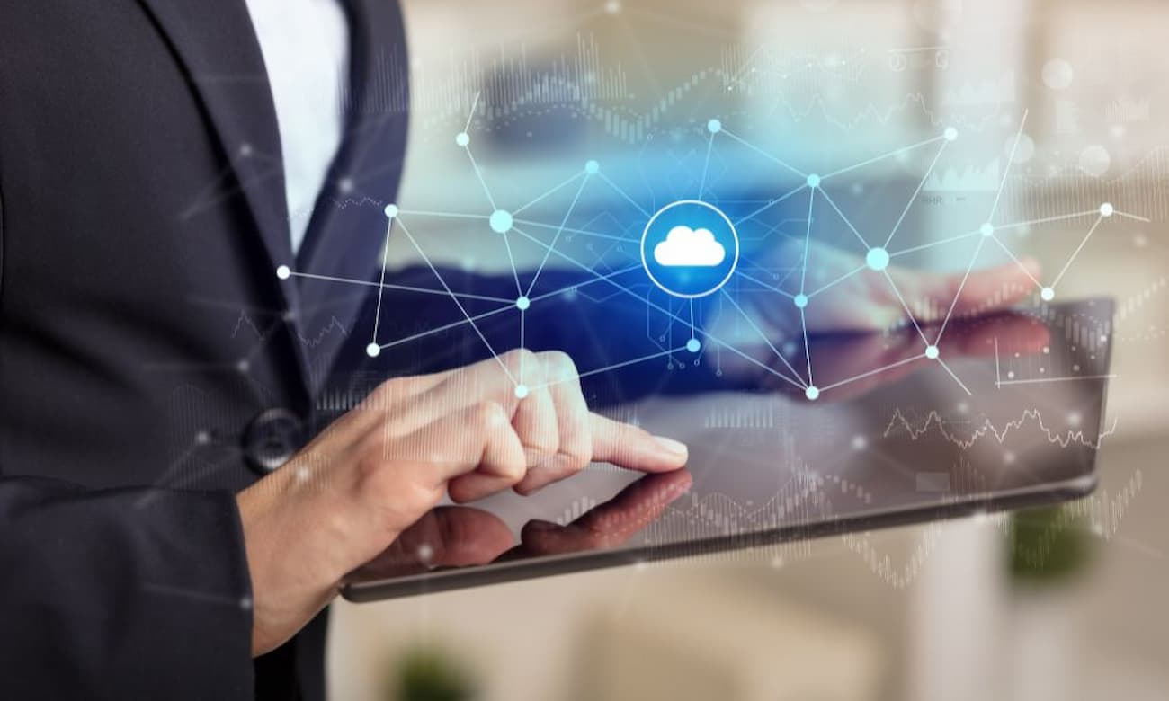 Business Woman Using Tablet With Financial, Cloud Connectivity Concept