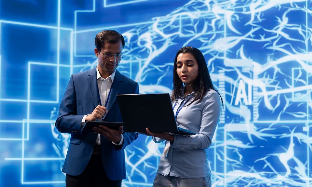 AI researcher and colleague collaborating on neural networks and developing intelligent systems in a modern high-tech lab.