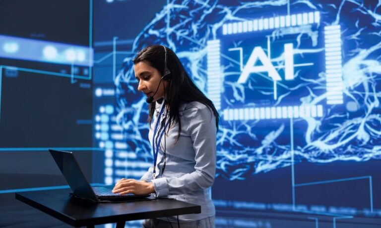 AI company worker talking with clients through headphones mic