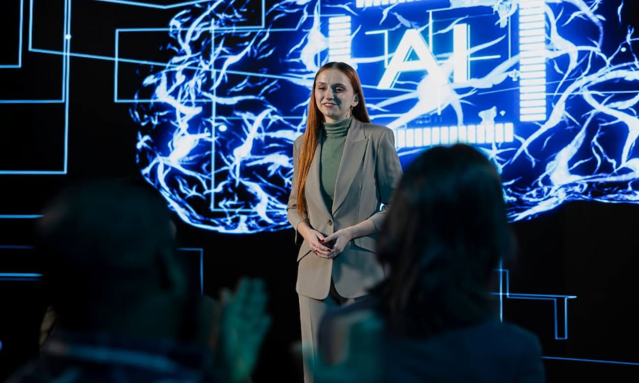 Businesswoman presenter does AI systems presentation with AI graphics