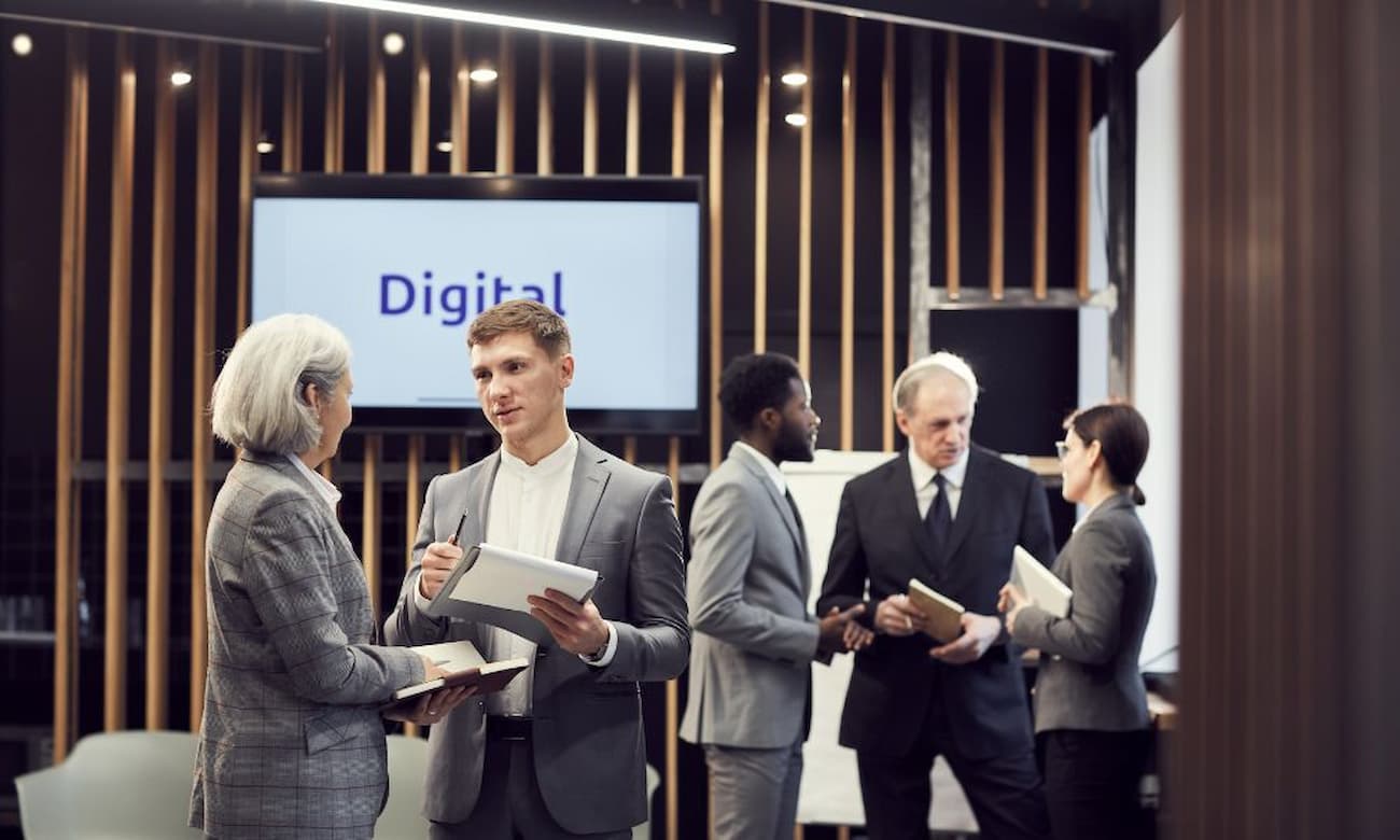 Team of professionals discussing business in a modern office
