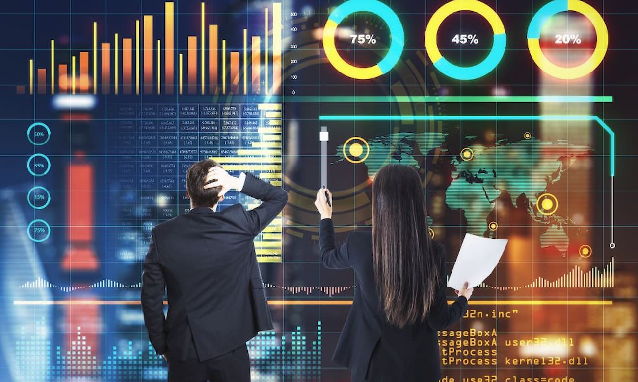 data leaders analyzing data in front of charts holograms