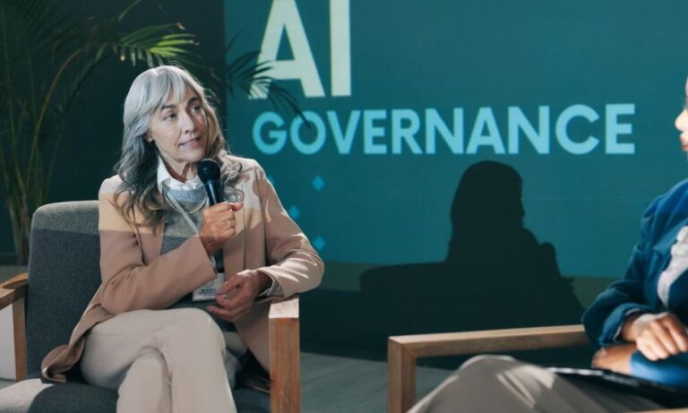 Business conference presentation with AI governance discussion