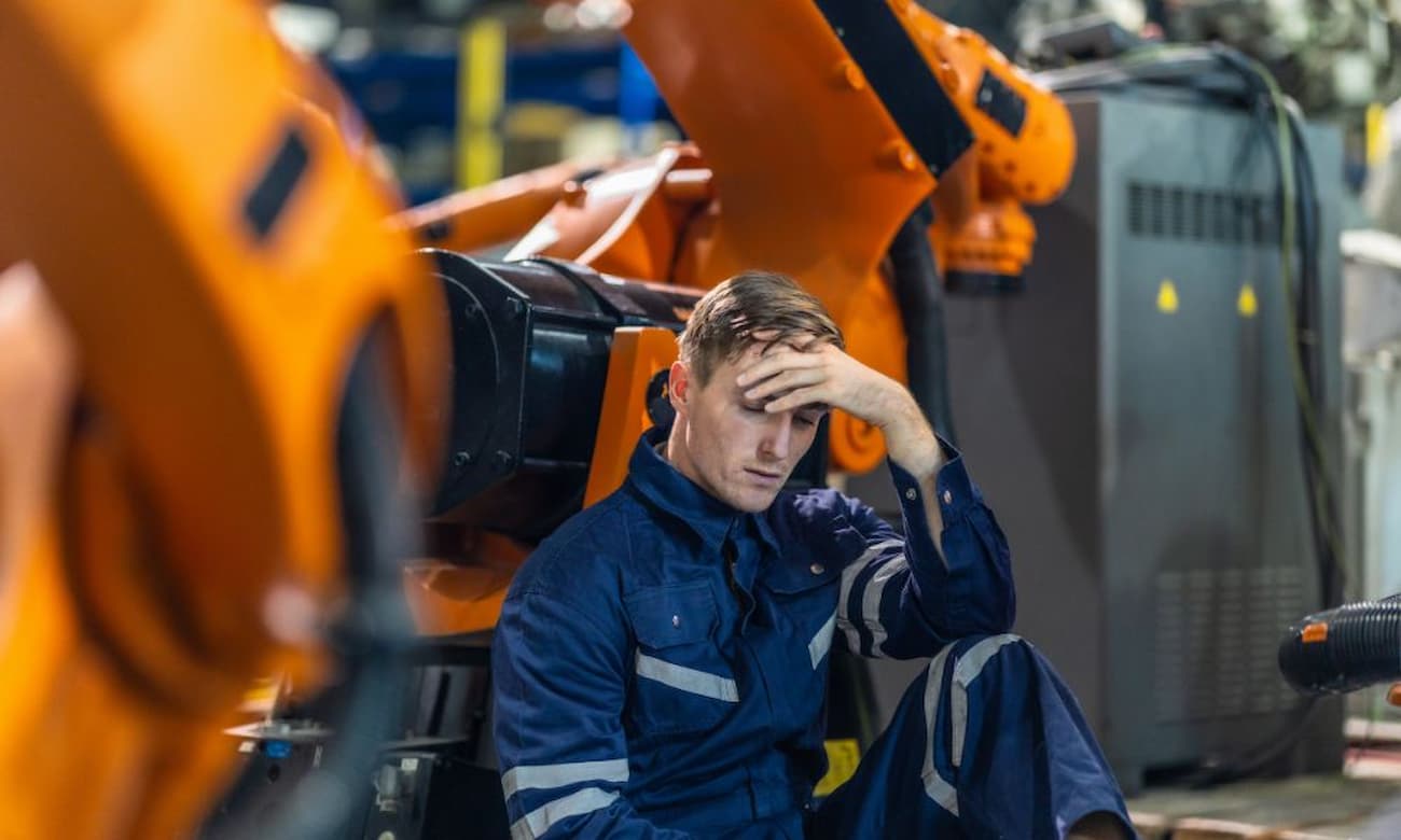 Stressed factory worker resting during manufacturing downtime