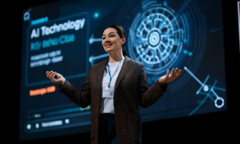 Female Presenter Discusses AI Technology in Corporate Setting