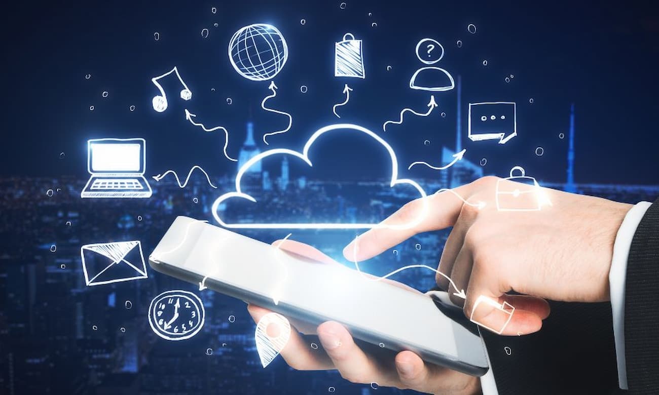Business professional viewing cloud-hosted data on a tablet