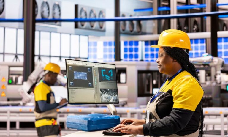 In a brightly lit urban factory, two people are at work overseeing automated production. One individual with braided black hair and a yellow hard hat is working at a computer, typing on a keyboard. The computer monitor displays various technical diagrams. Another individual in similar work gear is in the background, holding a clipboard.