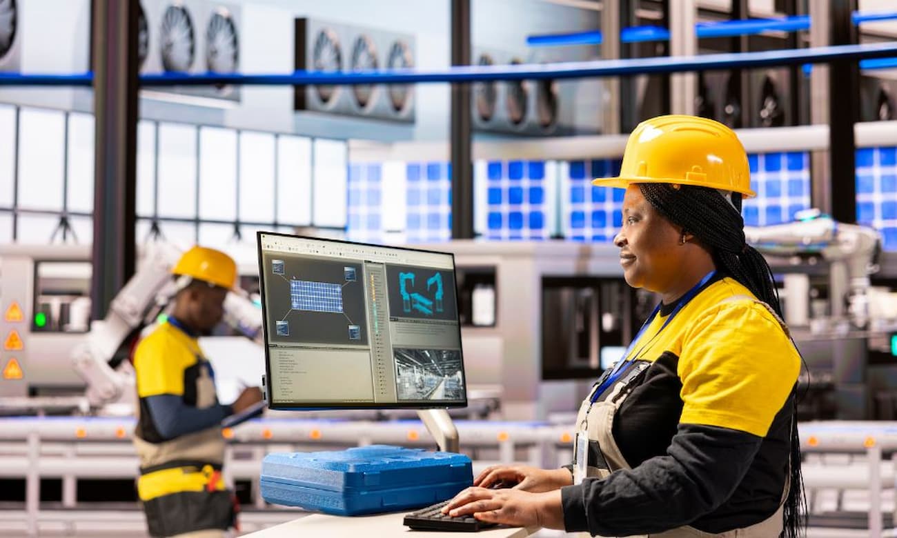 In a brightly lit urban factory, two people are at work overseeing automated production. One individual with braided black hair and a yellow hard hat is working at a computer, typing on a keyboard. The computer monitor displays various technical diagrams. Another individual in similar work gear is in the background, holding a clipboard.